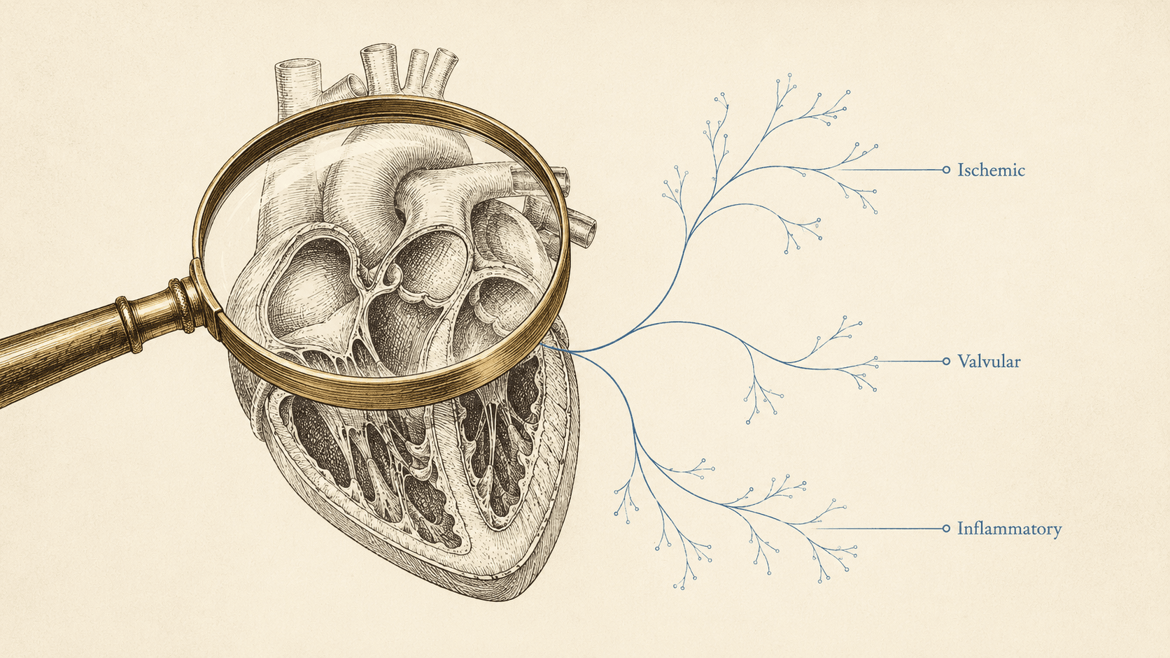 Editorial illustration: a magnifying glass over an anatomical heart, with a branching differential-diagnosis tree leading to ischemic, valvular, and inflammatory etiologies.