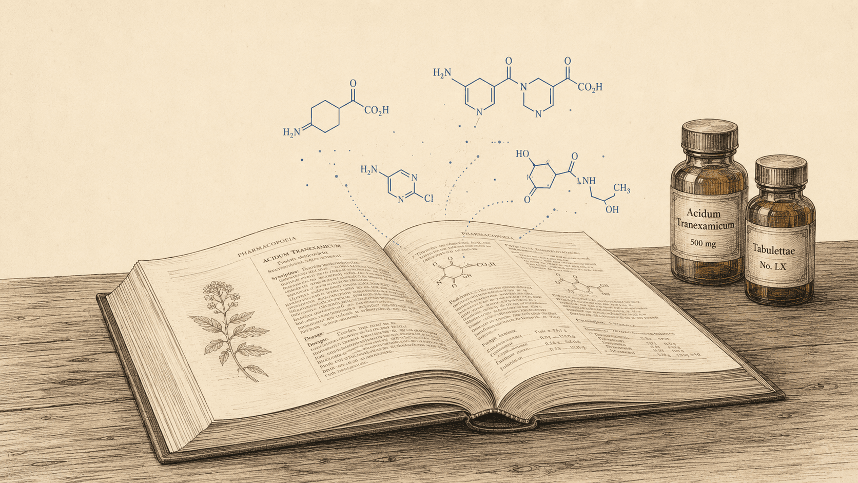 Editorial illustration: a pill bottle next to an open pharmacopeia page, with interaction warnings flagged in journal-blue.