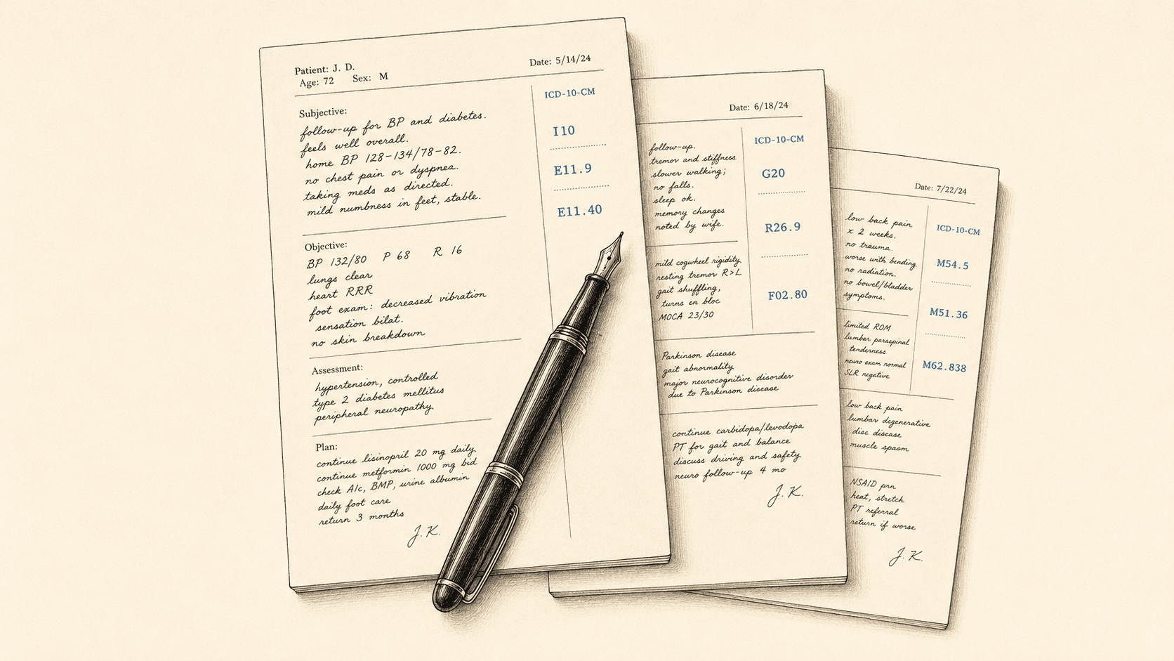 Editorial illustration: a clinical chart note feeding into ICD-10 / CPT code rows, with a clean claim emerging on the right.