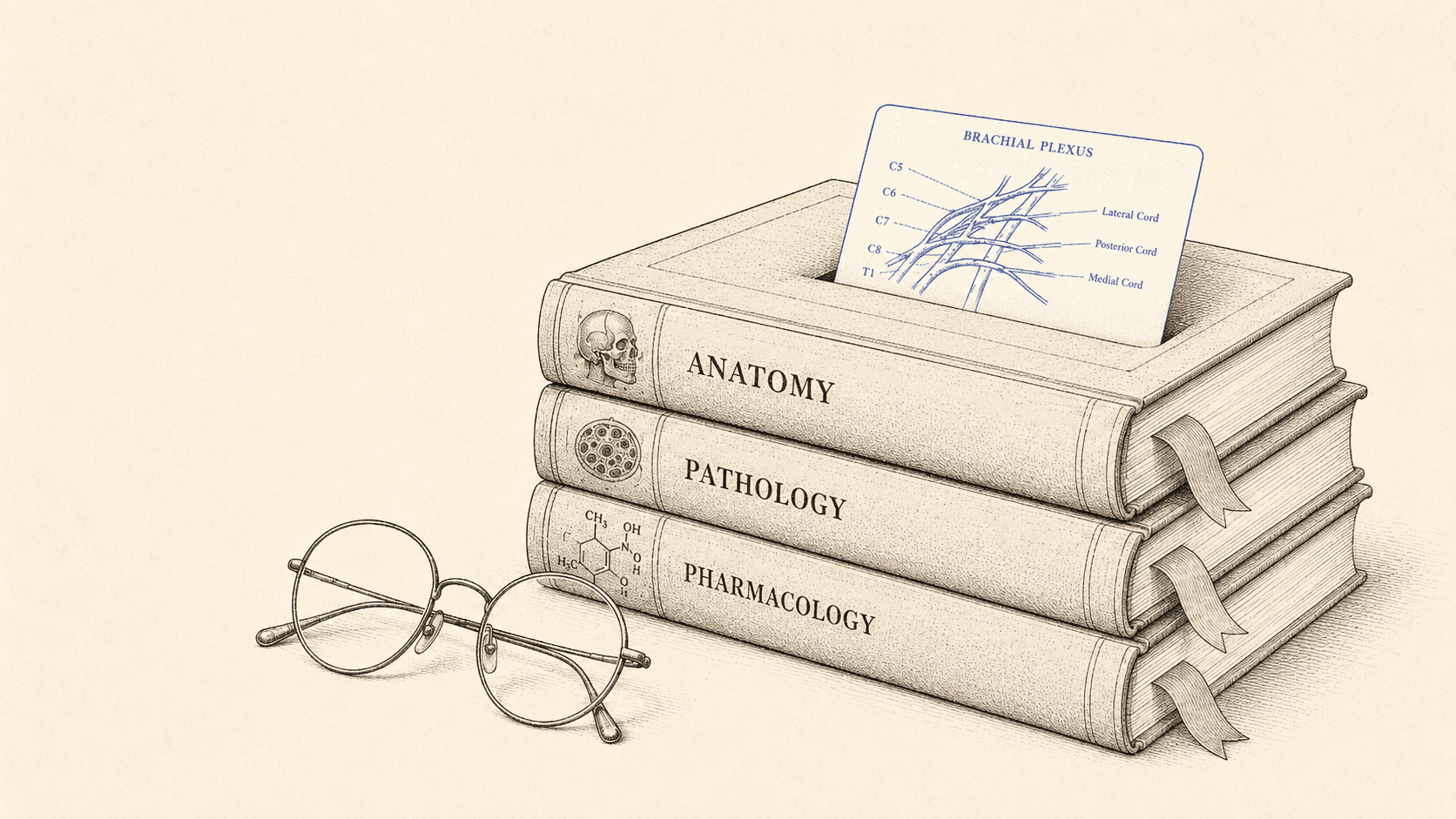 Editorial illustration: a stack of medical textbooks (Anatomy, Pathology, Pharmacology) with a brachial-plexus flashcard tucked on top and reading glasses alongside.