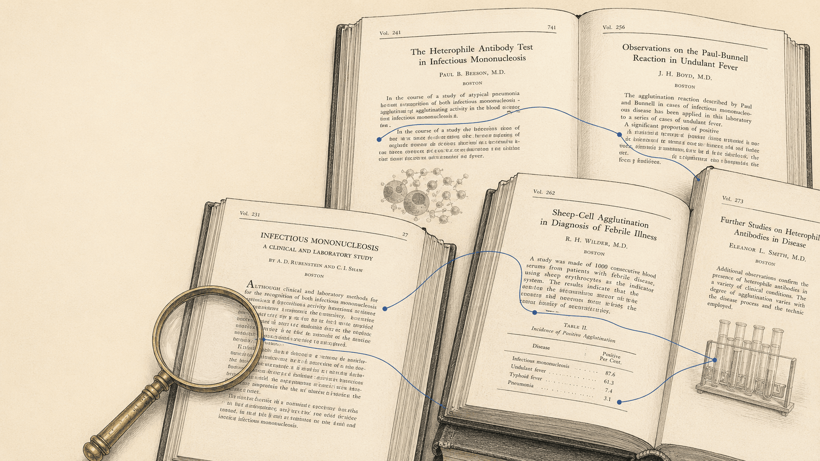 Editorial illustration: stacked medical journals beside a magnifying-glass lens revealing extracted findings and citation arcs.