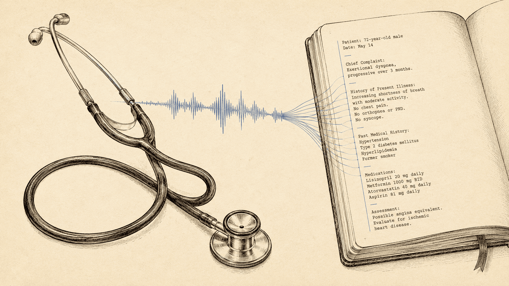 Editorial illustration: a stethoscope alongside a clinical encounter audio waveform feeding into a structured chart note.