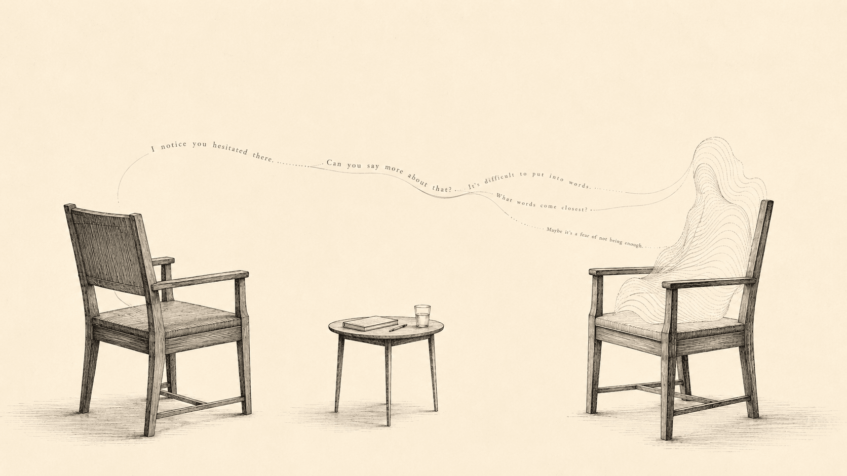 Editorial illustration: a brain in cross-section beside a quiet conversational interface, with safety guardrails noted in journal-blue.