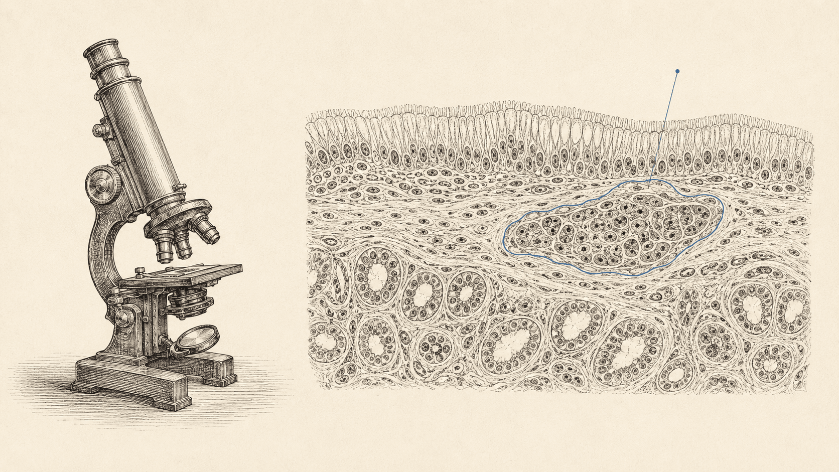 Editorial illustration: a histology slide on a microscope stage, with cellular structures annotated in journal-blue.