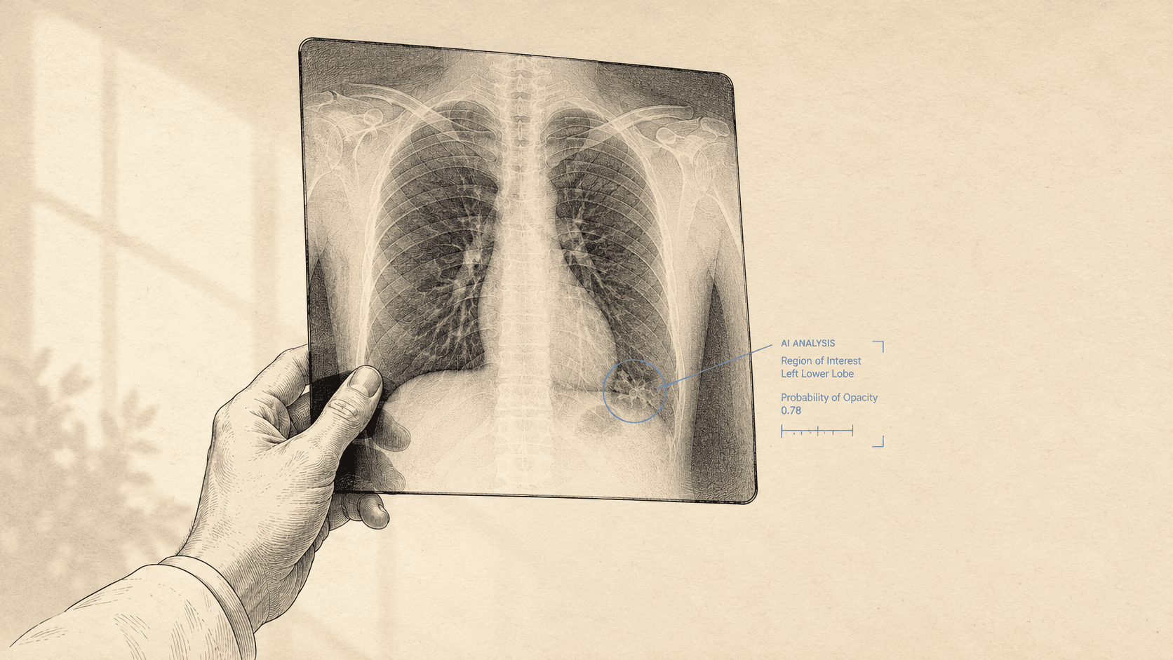 Editorial illustration: a chest radiograph alongside a magnifying glass highlighting flagged regions in journal-blue.