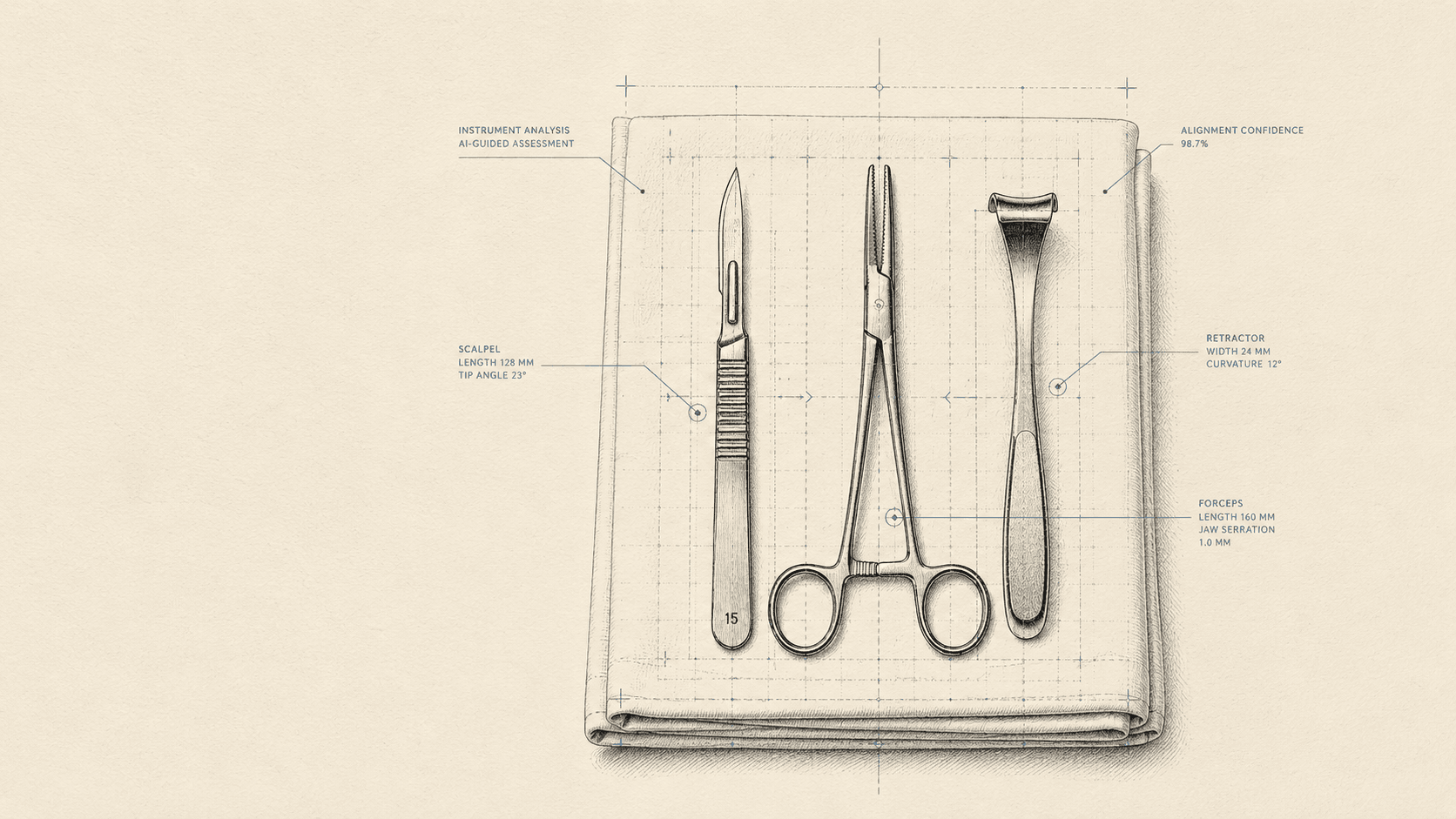 Editorial illustration: surgical instruments with an operating-room video feed translating into performance analytics.