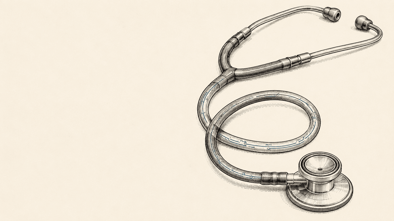 Engraving of a stethoscope with a blue circuit trace running through its tubing